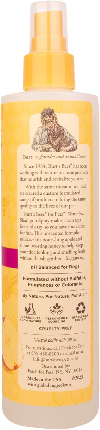 Burt's Bees for Pets Waterless Shampoo Spray for Dogs, Apple & Honey, No-Rinse Dry Dog Shampoo for All Dogs and Puppies, pH Balanced, No Sulfates, Parabens, Phthalates, 10 Fl Oz