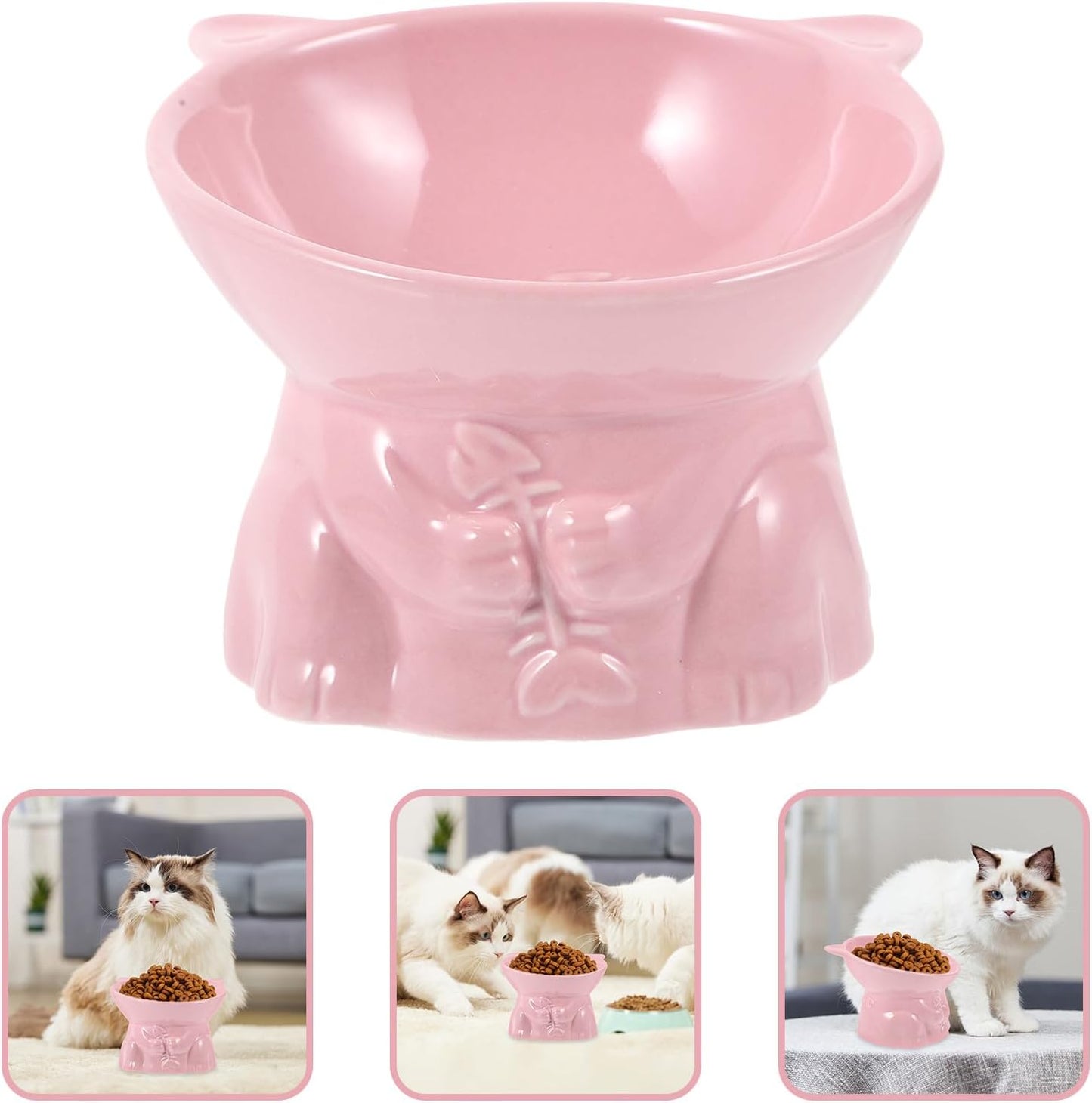 Milisten Elevated Tilted Ceramic Cat Food Bowl with Raised Stand, Fishbone Pattern Pink, Indoor Raised Feeding Dish for Cats to Protect Neck and Posture
