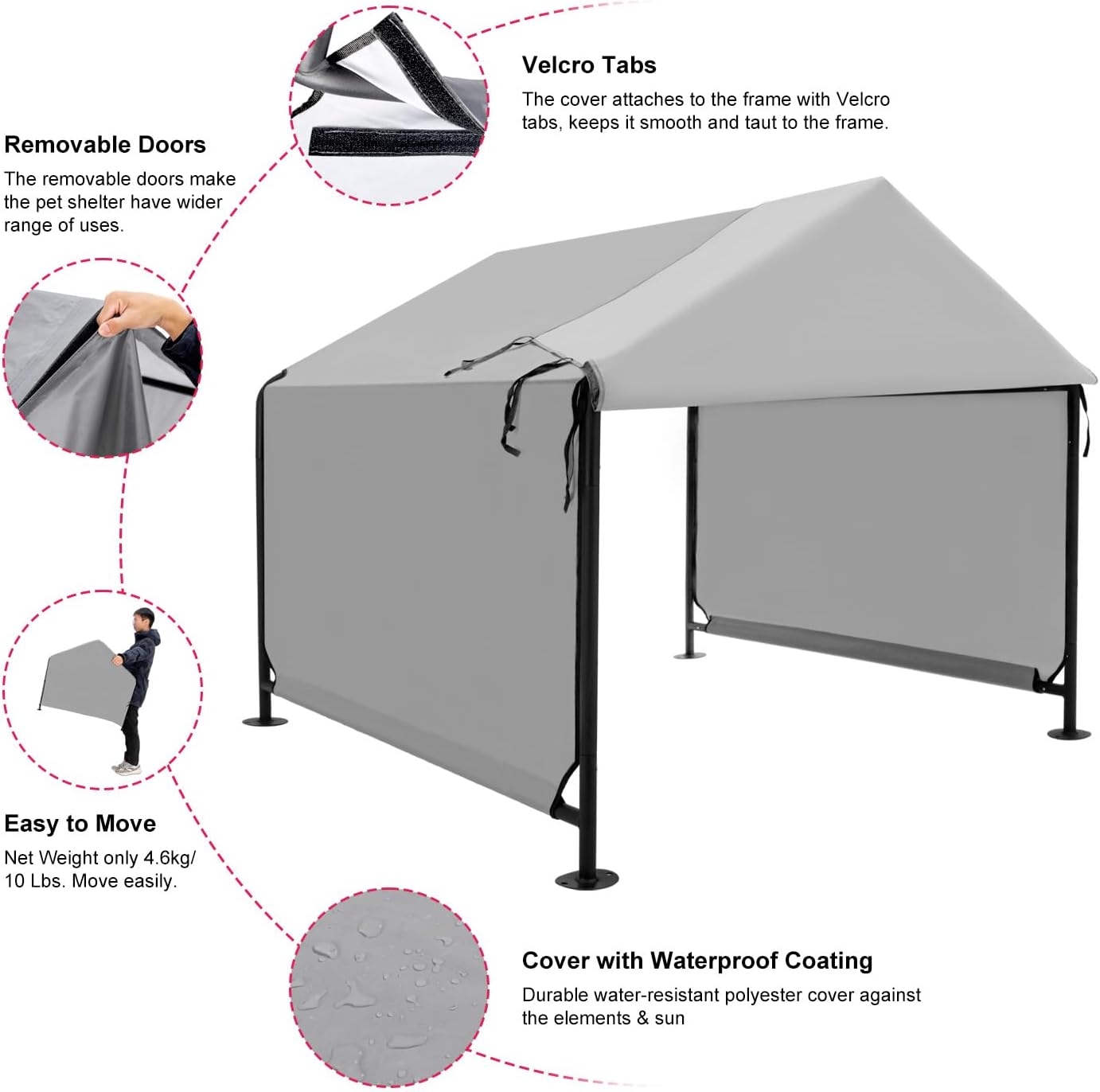 Dog Shade Shelter 2.5'x2.1'x2.1' for Small Dogs, Pet Outdoor Tent with Upgraded Doors, Outside Sun Rain Canopy Pet House for Dogs, Cats, Small Animals and Livestock, Grey