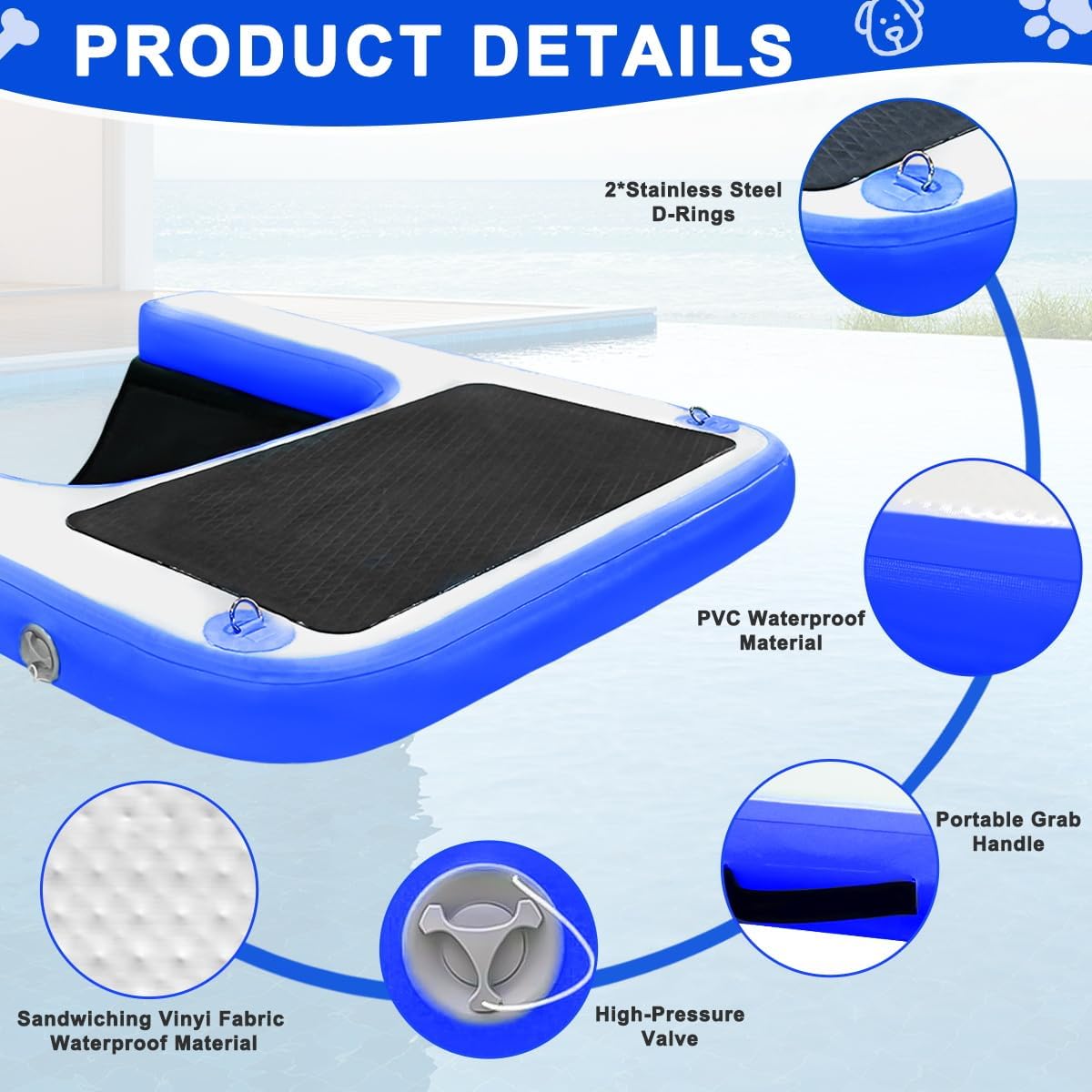 Inflatable Dog Boat Ramp, Non-Slip EVA Dog Float Floating Ramp Ladder for Pools Boats Docks, Safe & Easy Water Access for Large Dogs, Blue