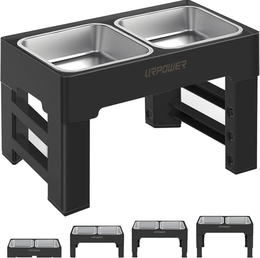 URPOWER Raised Dog Bowls 4 Height Adjustable Elevated Bowl Stand with Stainless Steel Water Bowl Non-Slip Dog Food Bowls Stand for Small Medium Large Dogs and Pets