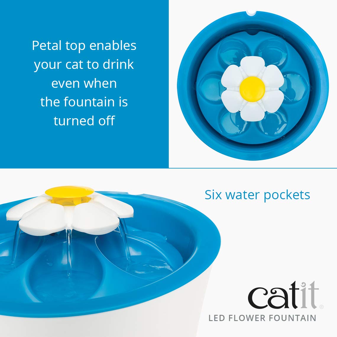 Catit LED Flower Fountain with Set of 5 Triple Action Filters, Cat Drinking Water Fountain, Blue, 3 L