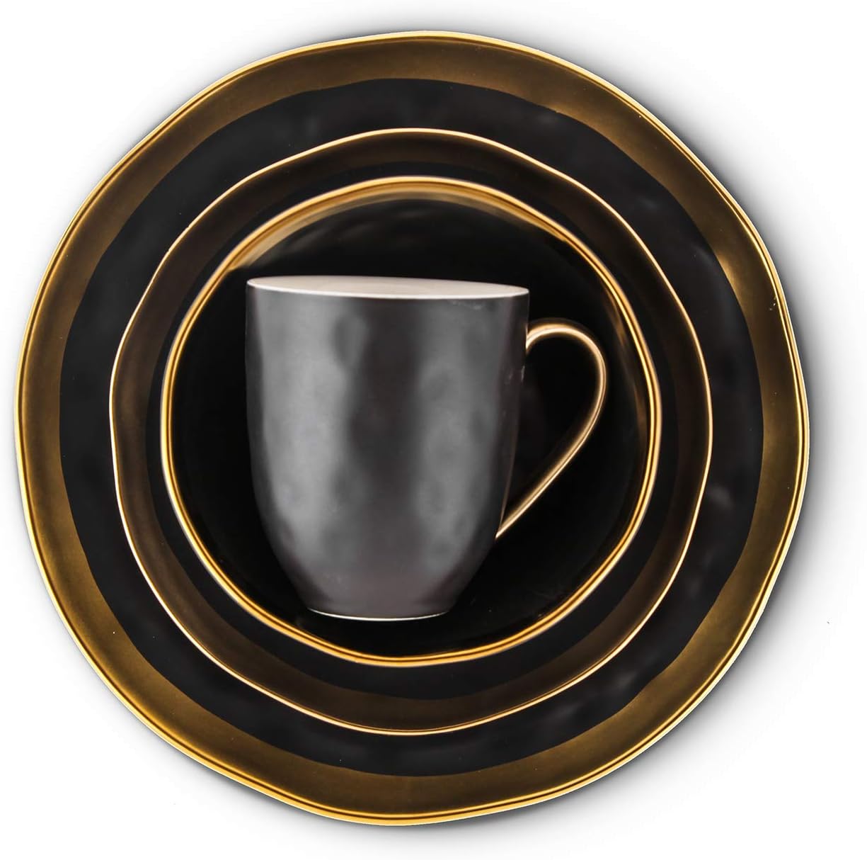 Stone Lain Florian Modern Porcelain 16 Piece Dinnerware Set, Plates and Bowls Set, Dish set for 4, Black And Golden Rim