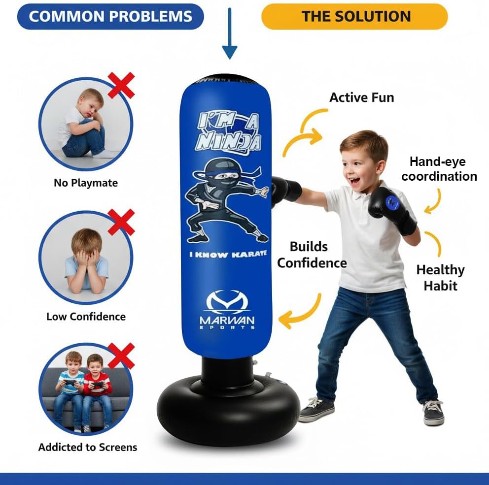 Marwan Sports 5-in-1 Kids Punching Bag Set with Gloves, Pump & Funnel – 63” Inflatable Boxing Bag for Kids 4-12, Durable PVC, Fast Rebound, Waterproof Base Cover with Handles, Gift for Boys & Girls