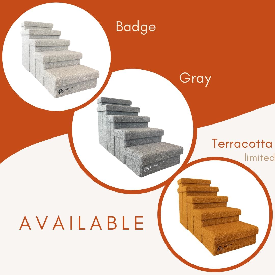 5-Step Dog Stairs for Small, Medium Dogs with Storage Box - Durable Folding Pet Steps, Padded Lid and Container; Dog Steps for Bed and Couch + Hair Brush Gift (Light Grey, Large, 5.0.)