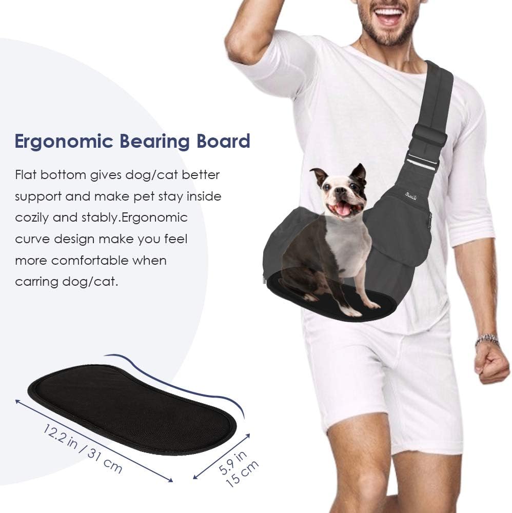Lukovee Dog Sling Carrier, Hard Bottom Support & Adjustable Soft Padded Shoudler Strap Dog Slings for Small Dogs, Dog Purse with Drawstring Mesh Opening & Zipper Pockets for Puppy Cat Pet (Black)