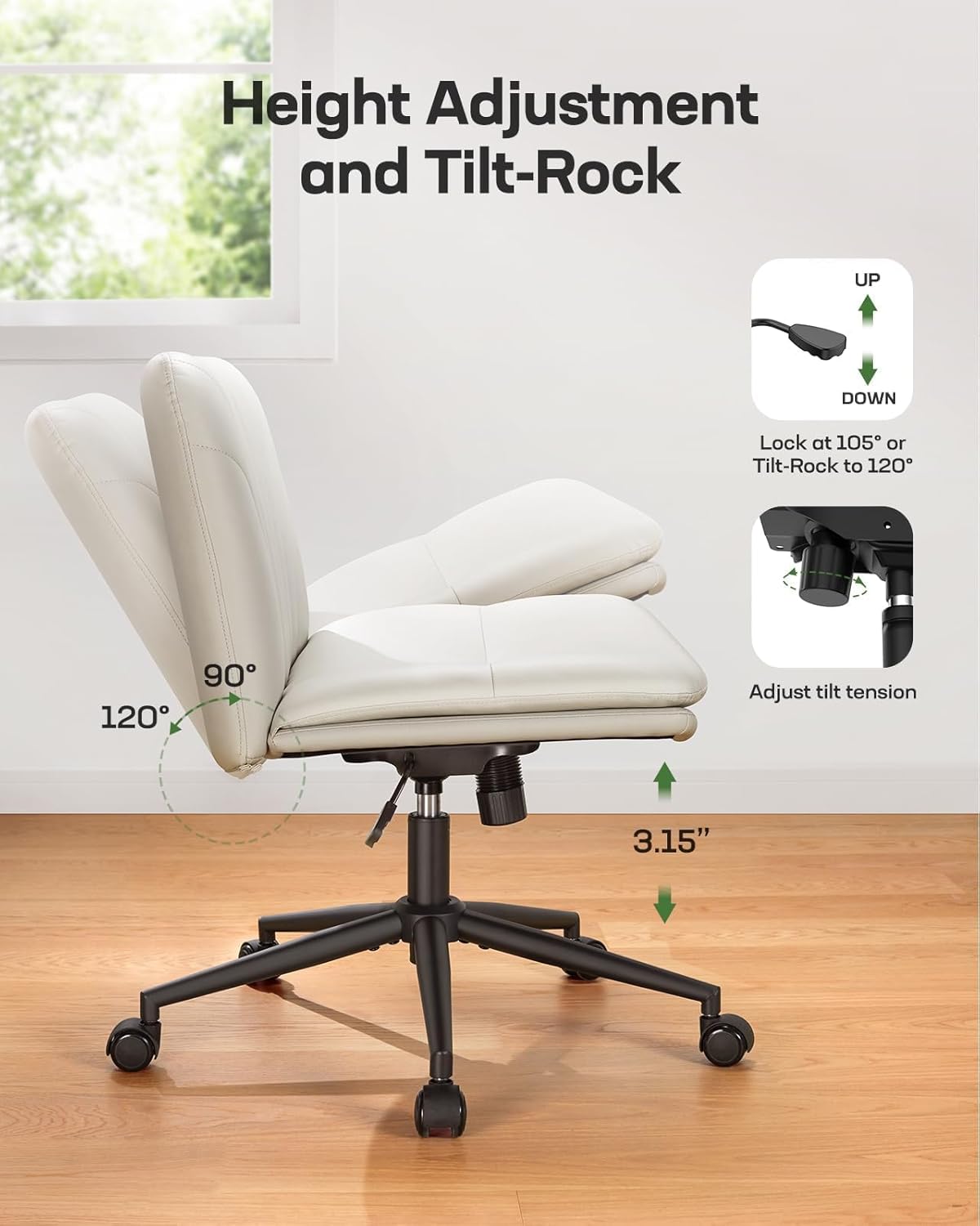 Marsail Armless-Office Desk Chair with Wheels: PU Leather Cross Legged Wide Chair,Comfortable Adjustable Swivel Task Chairs for Home,Office,Make Up,Small Space,Bed Room(Light Beige)