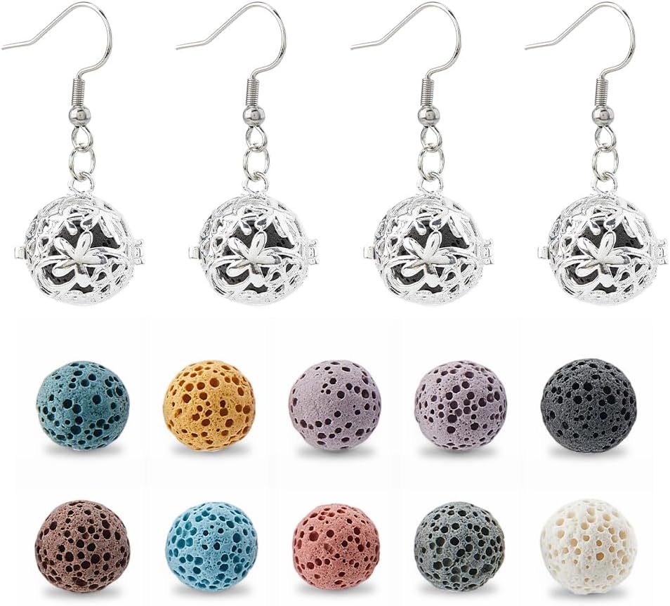 SUPERFINDINGS 2 Pairs Essential Oil Diffuser Dangling Earrings 304 Stainless Steel Hoop Earring with 10pcs Natural Lava Rock Stones 36mm Aromatherapy Earrings Drop Earring for women