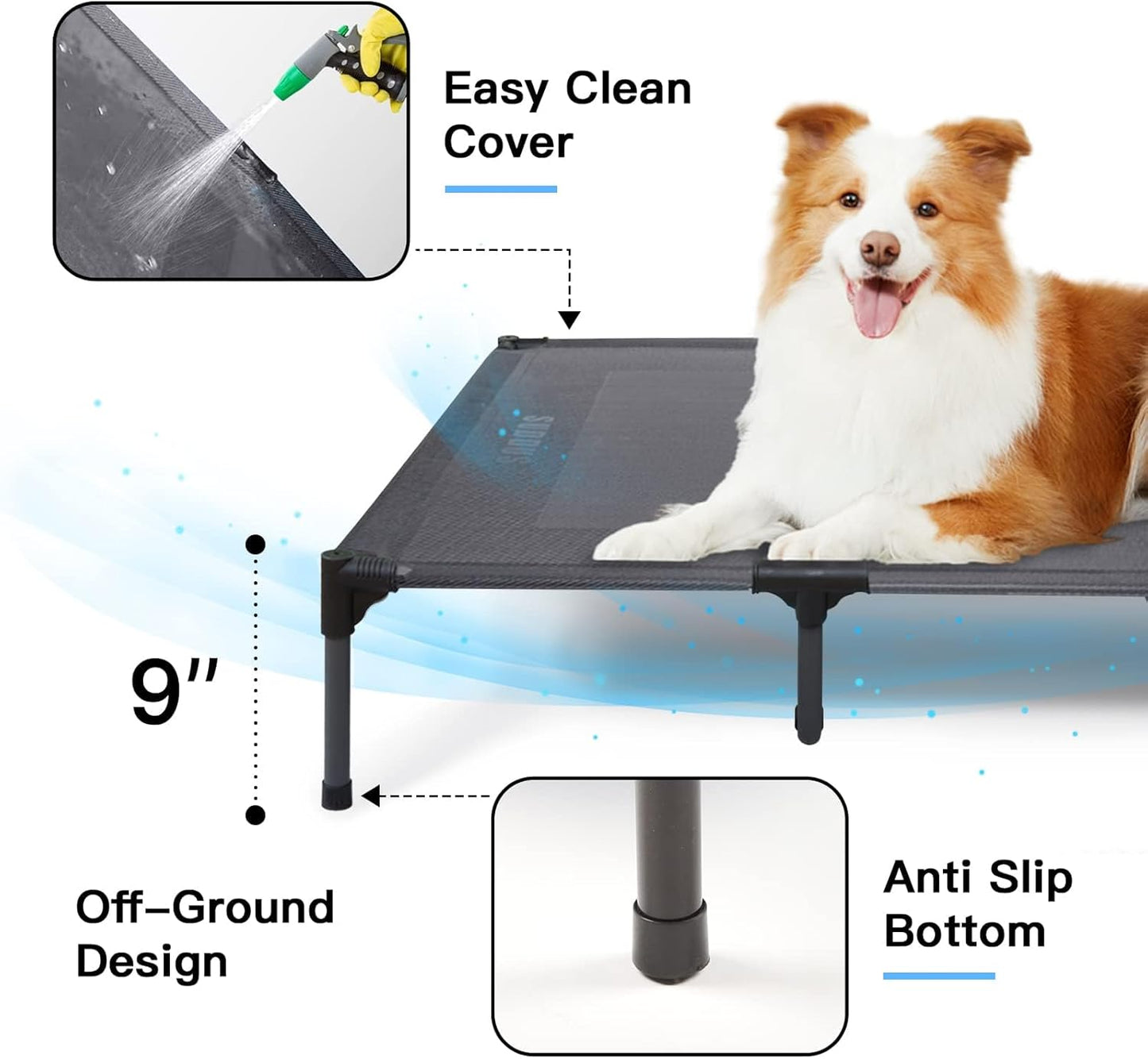 Suddus Elevated Dog Bed for Large Dogs 140lb, Breathable Cooling Raised Dog Cot with Dual Support Bars & Metal Frame, No-Slip Feet, Waterproof Pet Bed for Indoor/Outdoor, X-Large, 48 * 36 * 9in, Grey