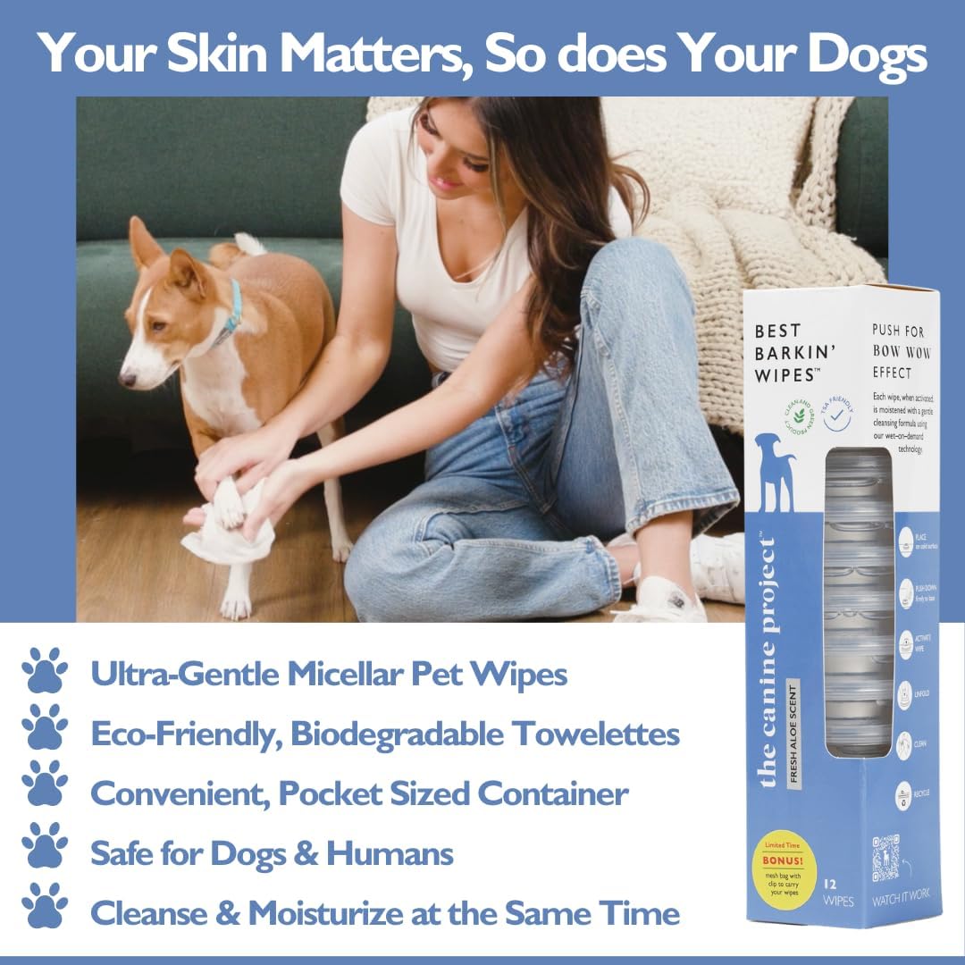 Best BARKIN' Wipes with Free Mesh Bag - Dog Wipes for Paws Ears and Butt - Micellar Aloe Scented Travel Friendly Puppy Wipes (12-Pack)