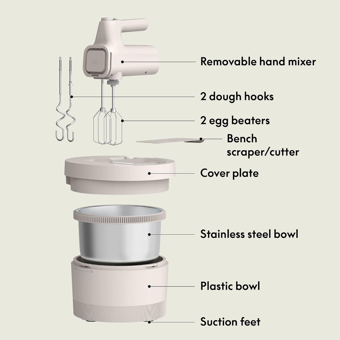 bella 3.5 Qt Hand & Stand Mixer, 2 in 1 Electric Mixer with Bowl, Dough Hook, Whisk & Egg Beater, Multifunctional Handheld Mixer for Baking, 200 Watt, Oatmilk