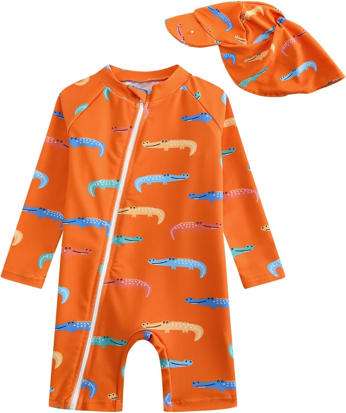 DivingBirds Baby Boy Rash Guard Swimsuit Set with Sun Hat - Long Sleeve Zip One Piece Toddler Bathing Suit for Beach & Pool