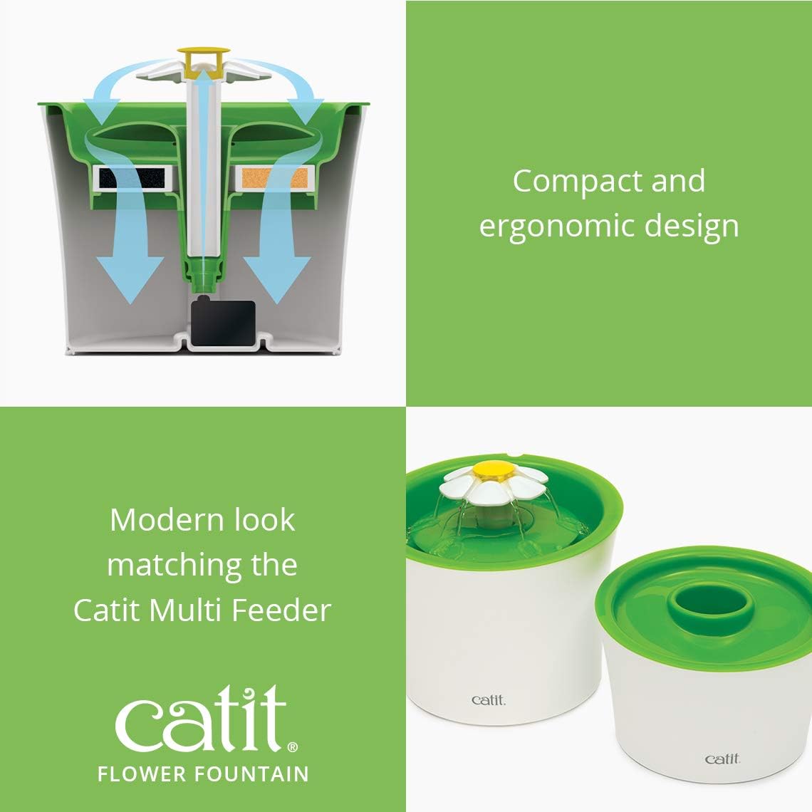 Catit LED Flower Fountain with Triple Action Filter, Cat Drinking Water Fountain, 3 L