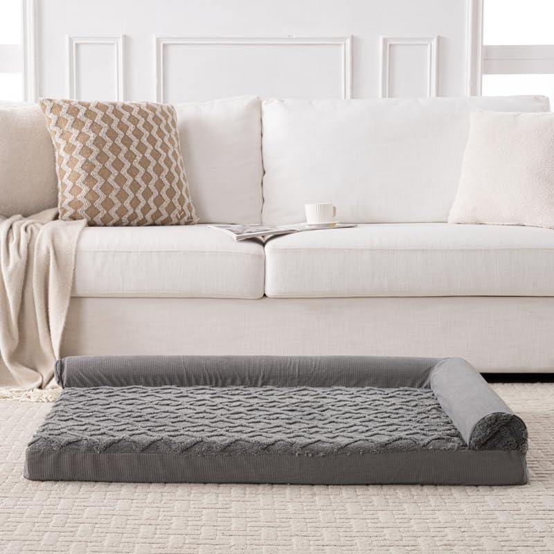 Orthopedic Dog Bed, L-Shaped Plush Sofa with Bolster, Memory Foam Pet Bed, Machine Washable Cover, for All Dog and cat Breeds (Dark Gray, 35" x 25" x 6.5")
