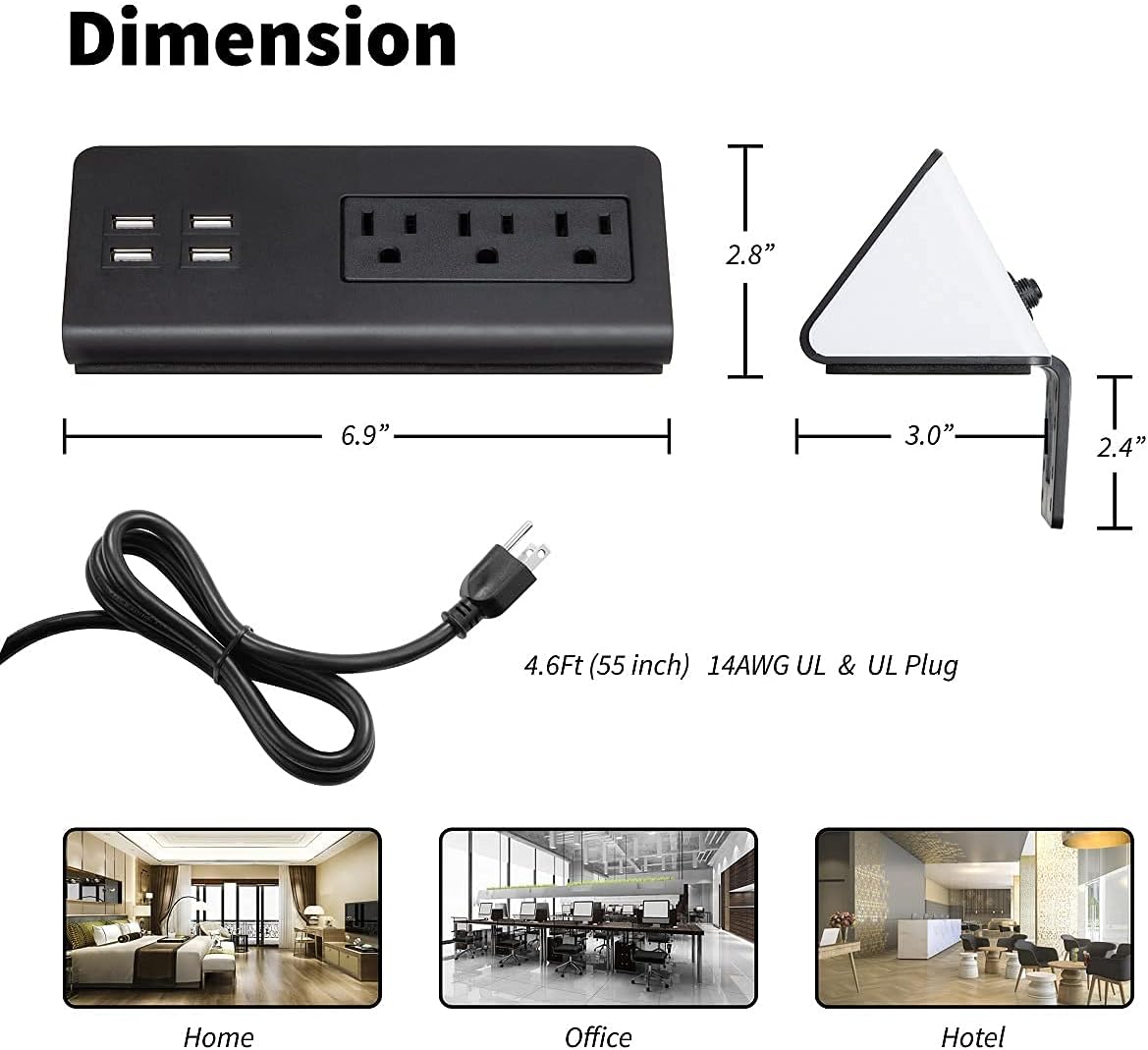 Emerising 2-Pack Desk Edge Mount Power Strips with 4 USB Ports & 3 AC Power Outlets for Home and Office Desktop Charging Bucket, 1250Joules Surge Protection,Black