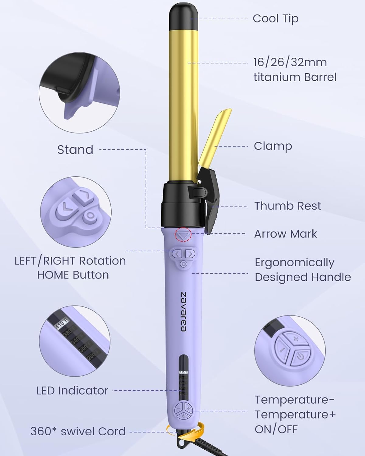 Rotating Curling Iron Set for Long Hair, Automatic Curling Wand Easy to Use Get Beach Waves 3 Interchangeable Ceramic Barrels 0.75" 1" 1.25", 5 Heat Settings up to 430°F, Dual Voltage