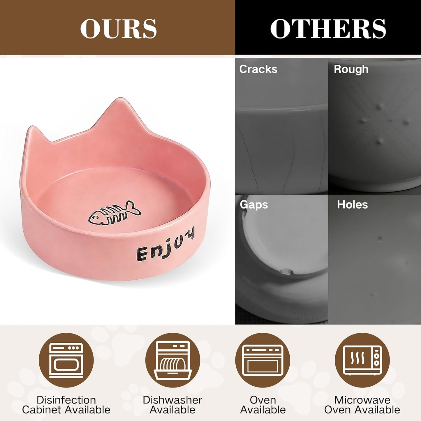 Puffluv Ceramic Dog and Cat Bowl Set with Wooden Stand Non-Slip Matte Glaze Weighted Food Water Cute Raised Feeder-Pink Cat Ear-6.76 OZ