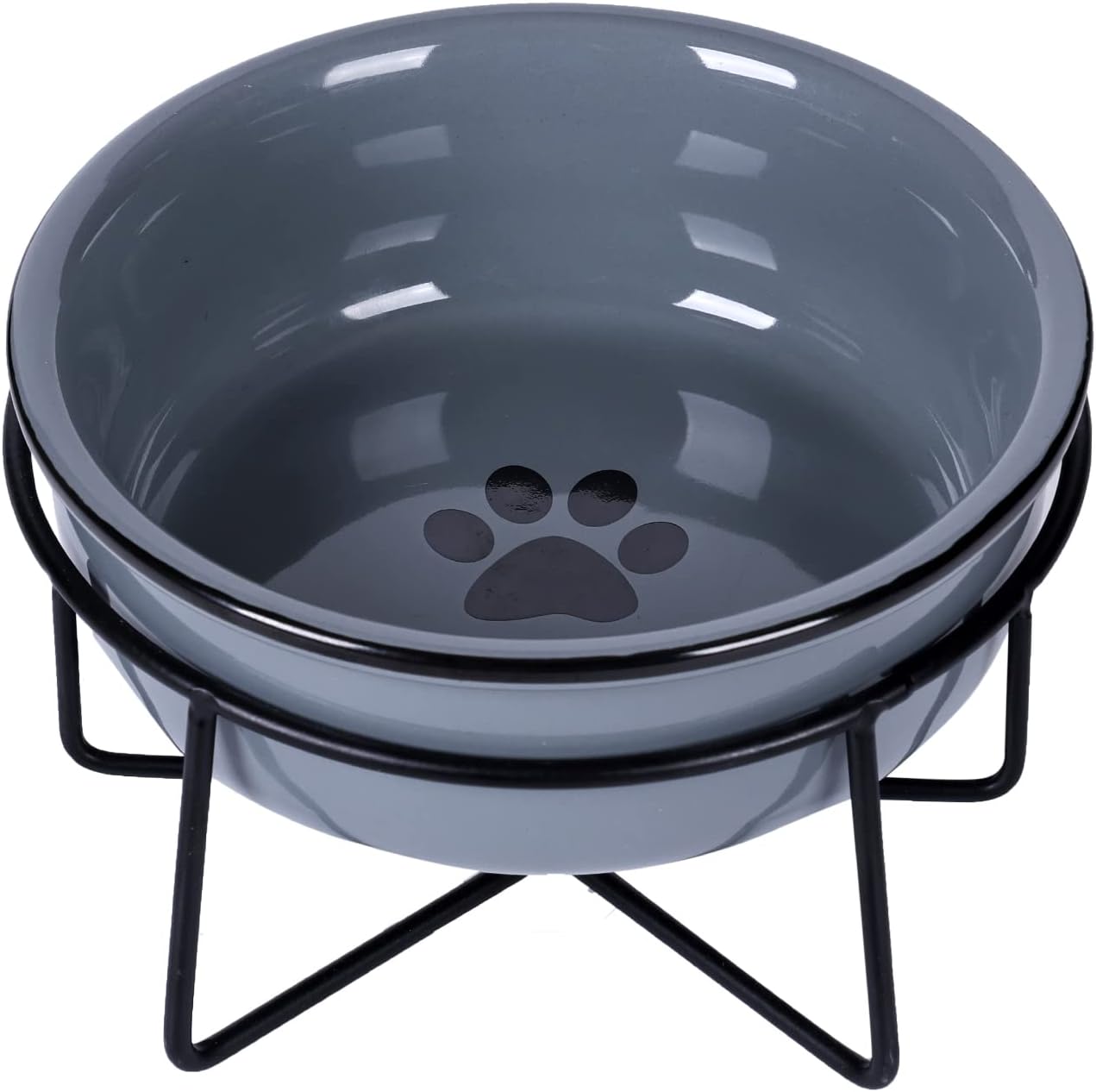 GDCZ Ceramics Raised Cat Bowl with Heighten Metal Stand for Pet Food, 15 Ounces (Grey)