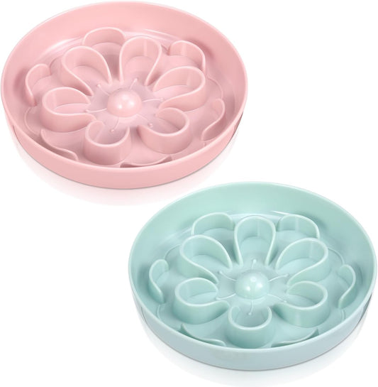 2 Pcs Cat Slow Feeder Bowl Cute Cat Food Bowl with Bloom Design Healthy Eating Diet Interactive Feeder Wet Dish for Pets Small Dogs(Pink, Green)