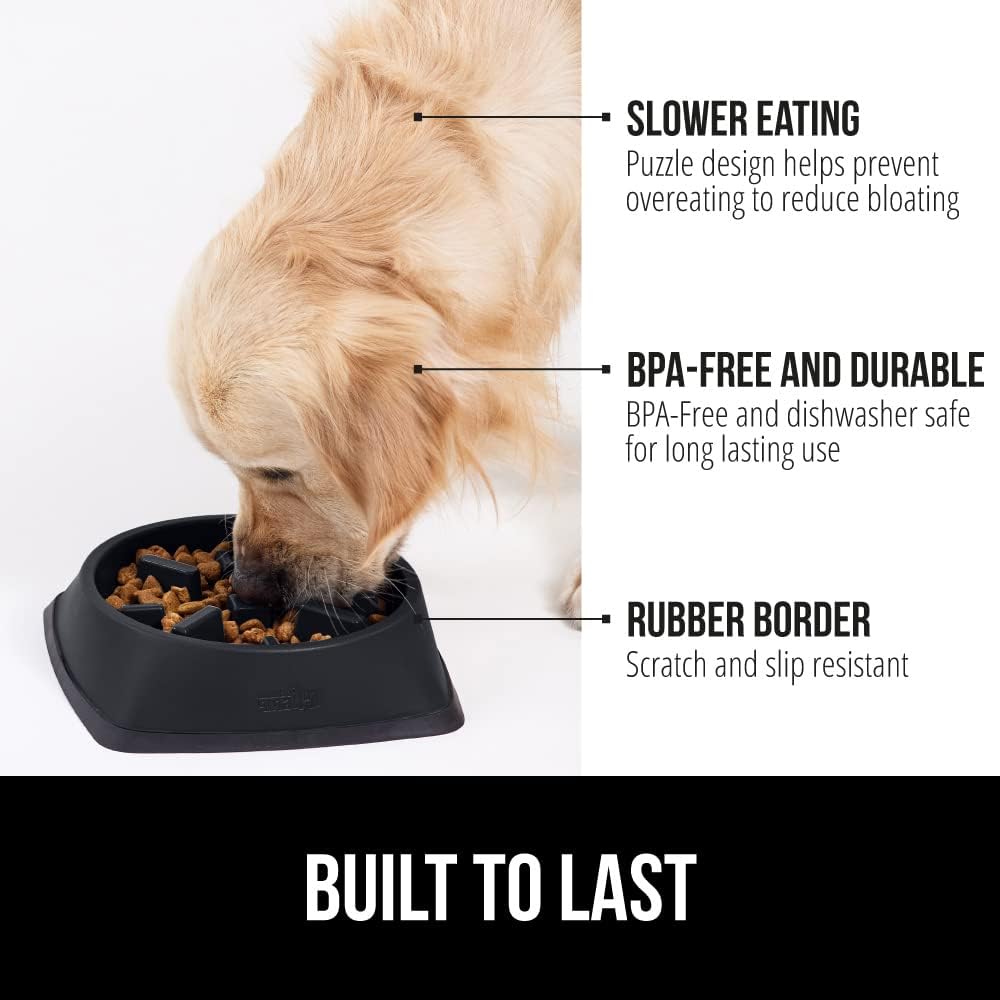 Gorilla Grip Slow Feeder Dog Bowl and Pet Feeding Mat, 4 Cups Dogs Pet Bowls Slip Resistant, Dog Food Mats Size 18.5x11.5 Waterproof Placemats, Both in Black Color, 2 Item Bundle
