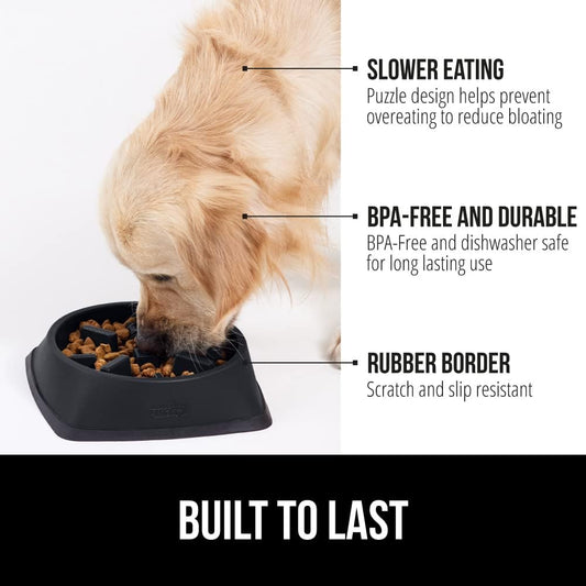 Gorilla Grip Slow Feeder Dog Bowl and Pet Feeding Mat, 4 Cups Dogs Pet Bowls Slip Resistant, Dog Food Mats Size 18.5x11.5 Waterproof Placemats, Both in Black Color, 2 Item Bundle