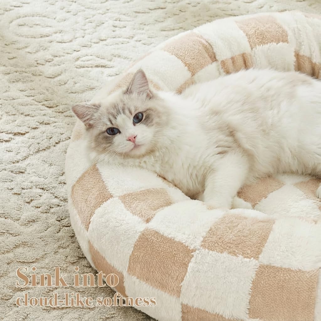 Checkered Cat Dog Bed, Cute Beige Khaki Retro Style Aesthetic Round Warming Pet Calming Beds for Small Dog and Cats, Plush Cozy Donut Beds Washable, 23" L x 23" W x 8" Th