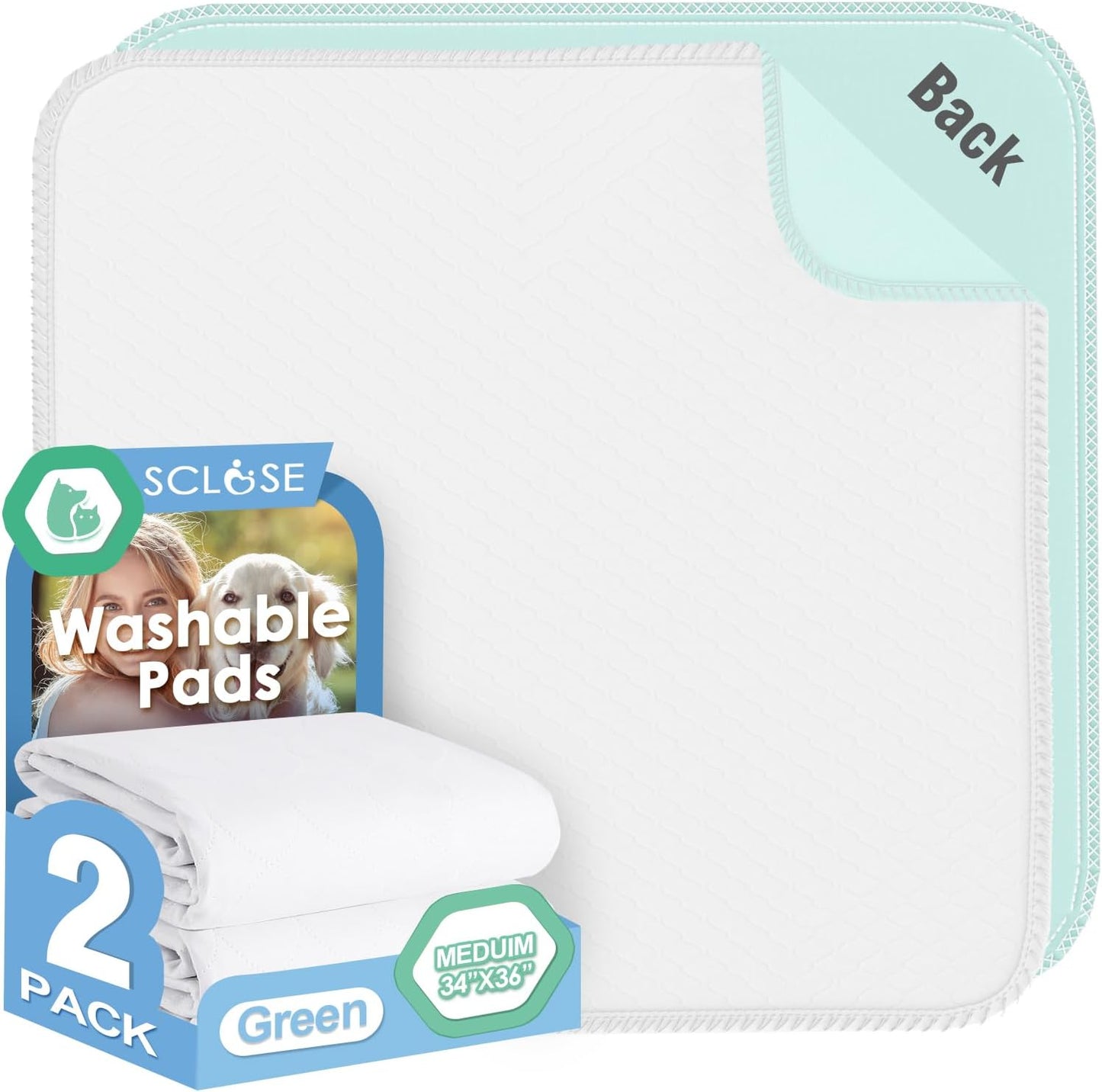Washable Pee Pads for Dogs 2 Pack, 34" x 36" Waterproof Incontinence Bed Pads for Adults, Elderly and Kids, Nursing Pads, Chucks Pads, Super Asorbent Dog Training Pads, White & Green