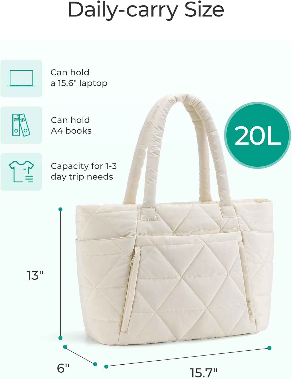 BAGSMART Tote Bag for Women, Puffer Tote Bag with Zipper, Large Quilted Shoulder Bag with Compartments for Travel, Work, Gym