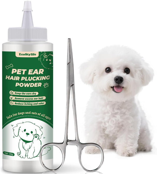 Dog Ear Plucking Powder & Hair Removal Tool Kit – 30g Dog Ear Powder for Hair Removal, 5.5" Hemostat Ear Hair Removal Tool – Helps Reduce Wax & Odor – Ear Grooming Kit for Dogs