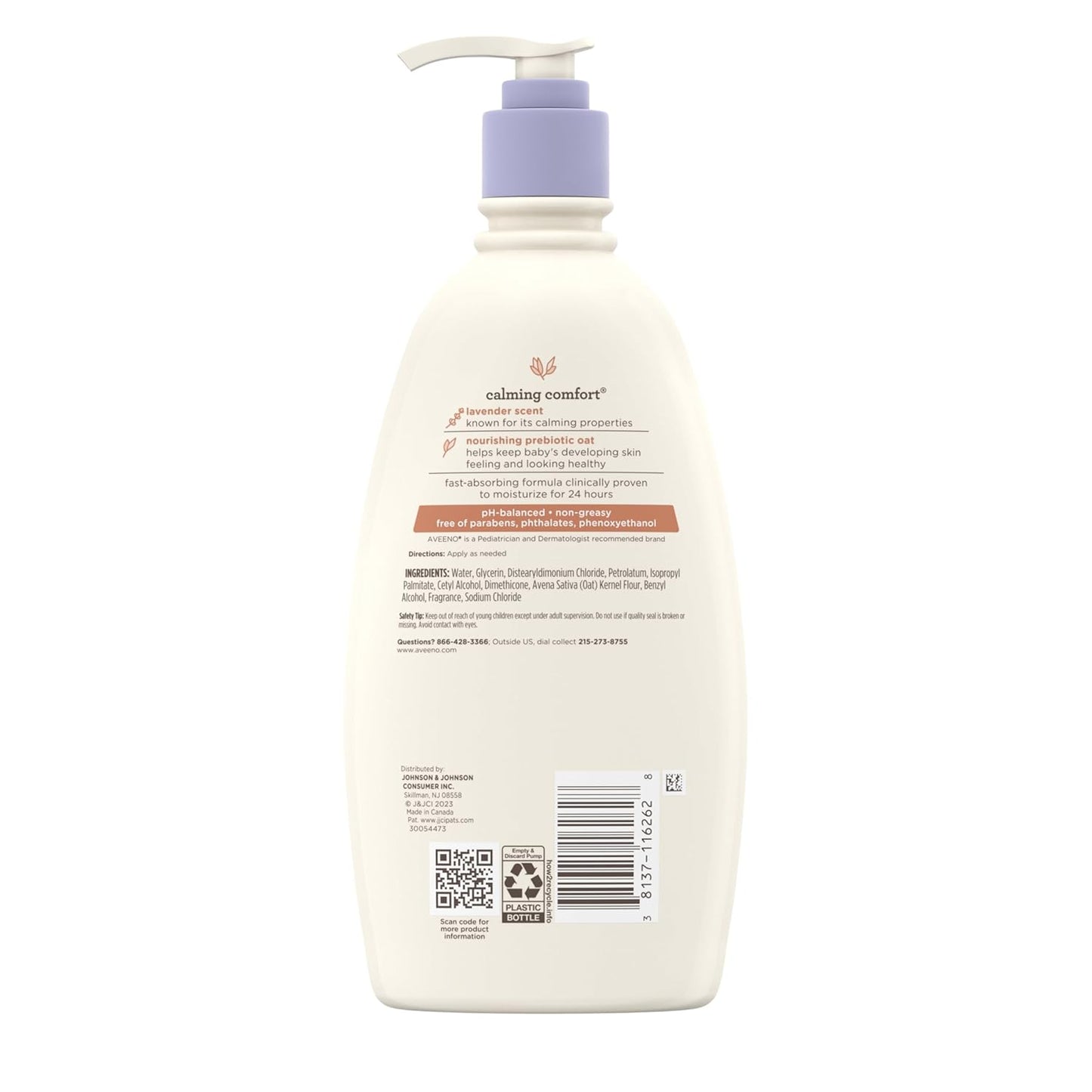 Aveeno Baby Calming Comfort Moisturizing Body Lotion with Relaxing Lavender & Vanilla Scents, Non-Greasy Baby Lotion, Nourishing Prebiotic Oatmeal, Paraben- & Phthalate-Free, 18 fl. oz