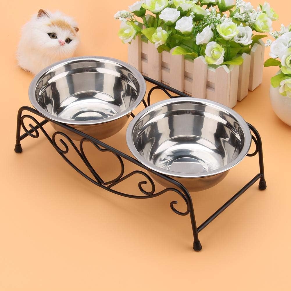 Maxmartt Pet Feeder, Stainless Steel Double Dog Cat Food Water Bowls Feeder Dishes Shelf Stand Pet Bowls with Iron Stand 26X14X8.5cm