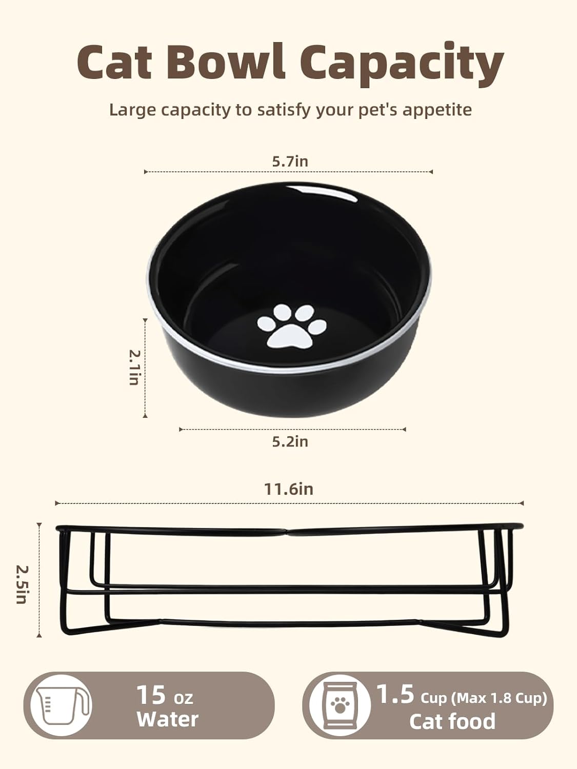 GDCZ Ceramics Raised Cat Bowls with Heighten Metal Stand,15 Ounces (Black)