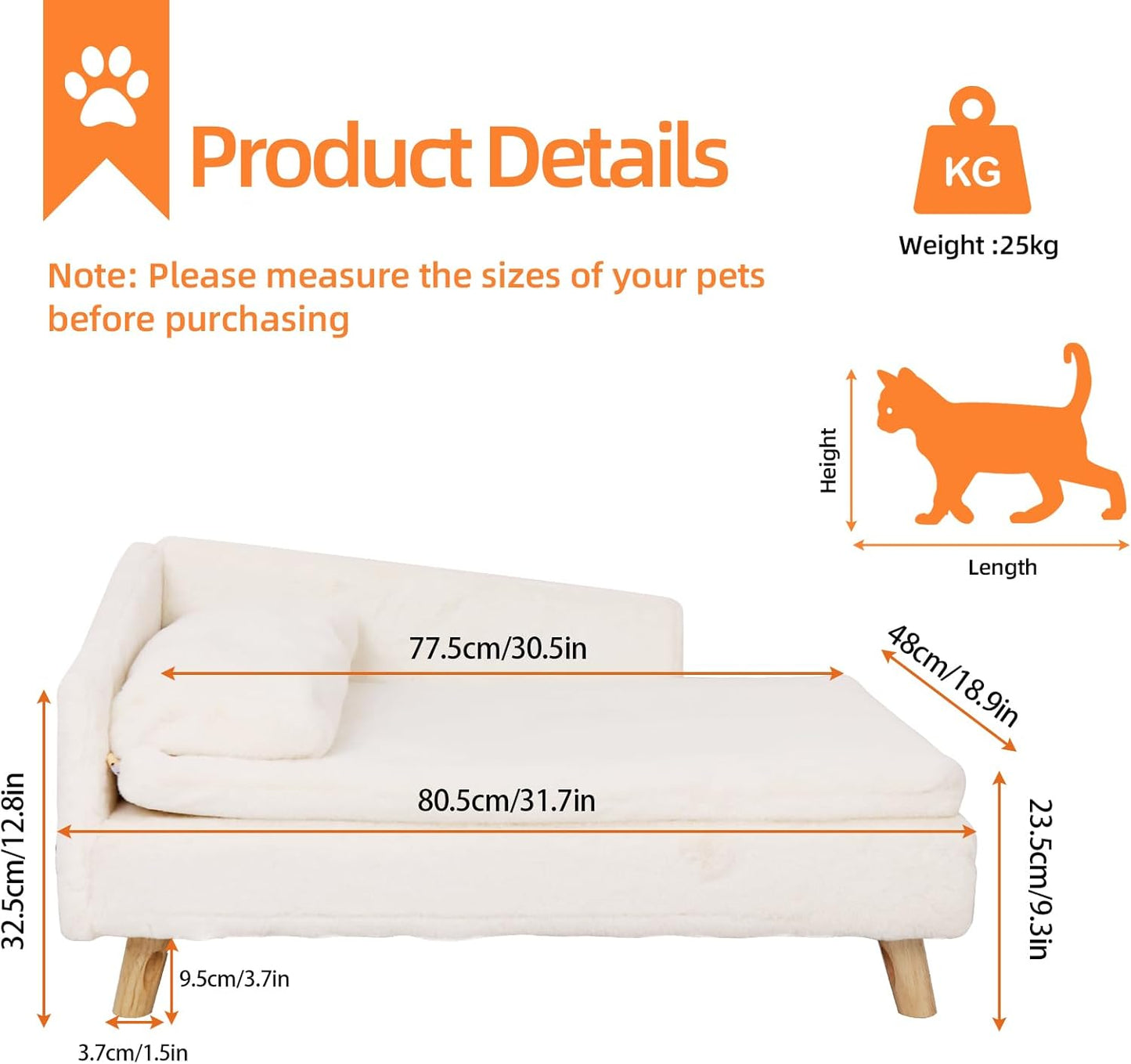 Elevated Dog Bed Couch Sofa: Wooden Dog Chair with Bolster Cushion for Small Dogs Cats Cute Pet Chaise Soft Cushion Washable, 31.7 x 18.9 Inches