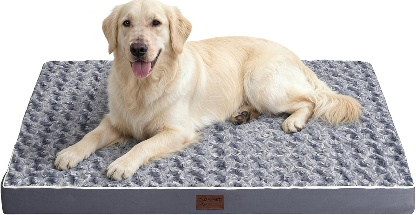 Dog Bed Mats for Large Big Dog - Orthopedic Dog Pet Durable Crate Bed Mattress of Thick Egg Foam Crate, Rose Plush Washable Cover, Waterproof Lining and Non-Slip Bottom(L(36''x27''x3''), Grey Side)