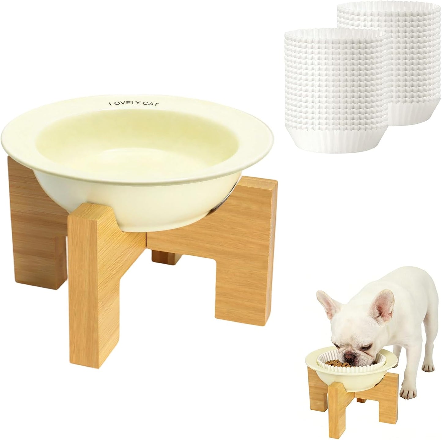 Elevated Dog Bowls Stand for Small & Medium Dogs, Ceramic Dog Bowl with 3.2 inch Bamboo Stand - Anti Vomiting, with 200 Pcs Disposable Feeding Bowls Liner Bulk