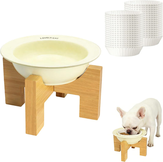 Elevated Dog Bowls Stand for Small & Medium Dogs, Ceramic Dog Bowl with 3.2 inch Bamboo Stand - Anti Vomiting, with 200 Pcs Disposable Feeding Bowls Liner Bulk