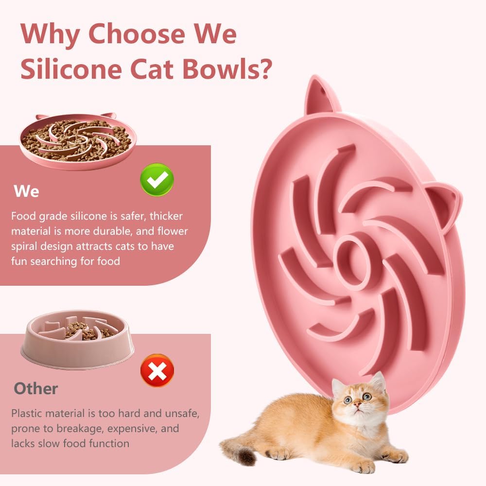 2Pcs Slow Feeder Cat Bowl,Puzzle Feeder,Interactive Toys,Slow Feeding cat Bowl Suitable for All Dry and Wet Foods,Easy to Clean Silicone Bowls (Grey and Pink)