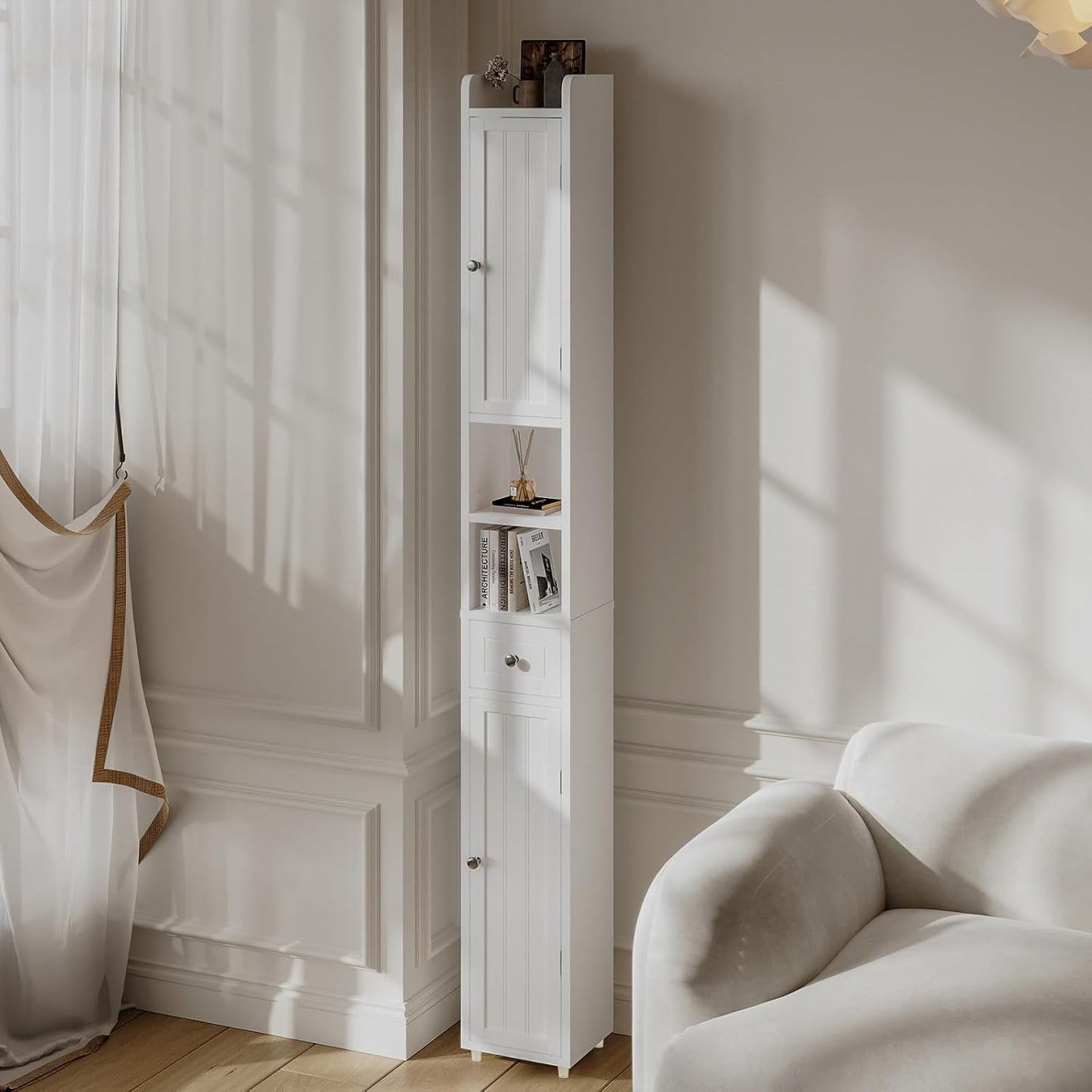 ChooChoo Narrow Bathroom Storage Cabinet with Adjustable Shelves, Tall Storage Cabinet with 2 Doors and 1 Drawer, Freestanding Cupboard for Small Spaces, White