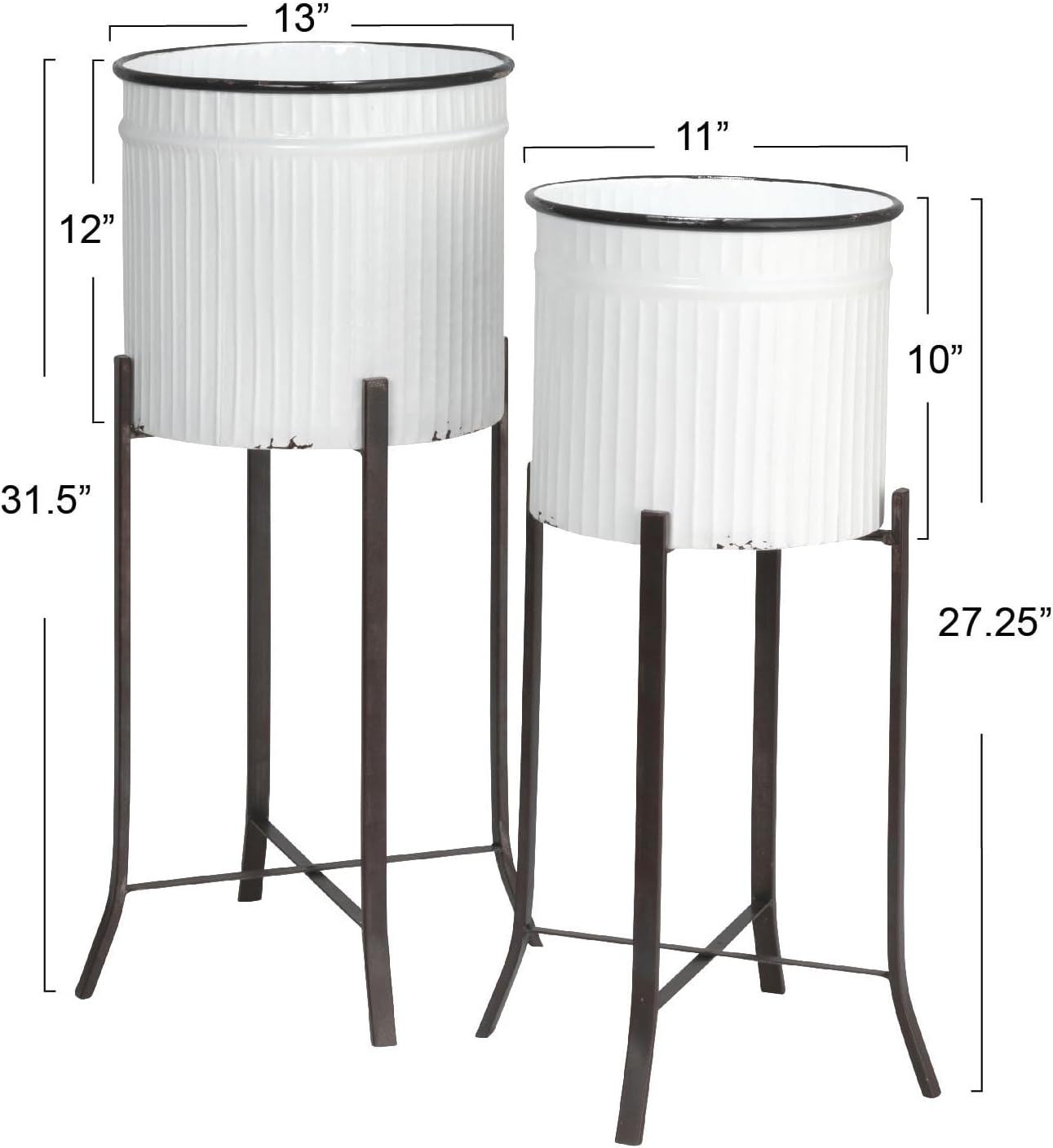 Creative Co-Op Round Corrugated Metal Planters on Stands, White and Black, Set of 2