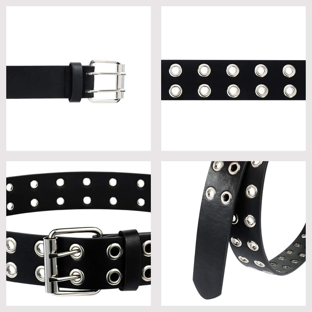 2 Pack Double Grommet PU Leather Punk Belt, 2 Hole Grommet Jeans Belt for Women & Men, Multi, Medium