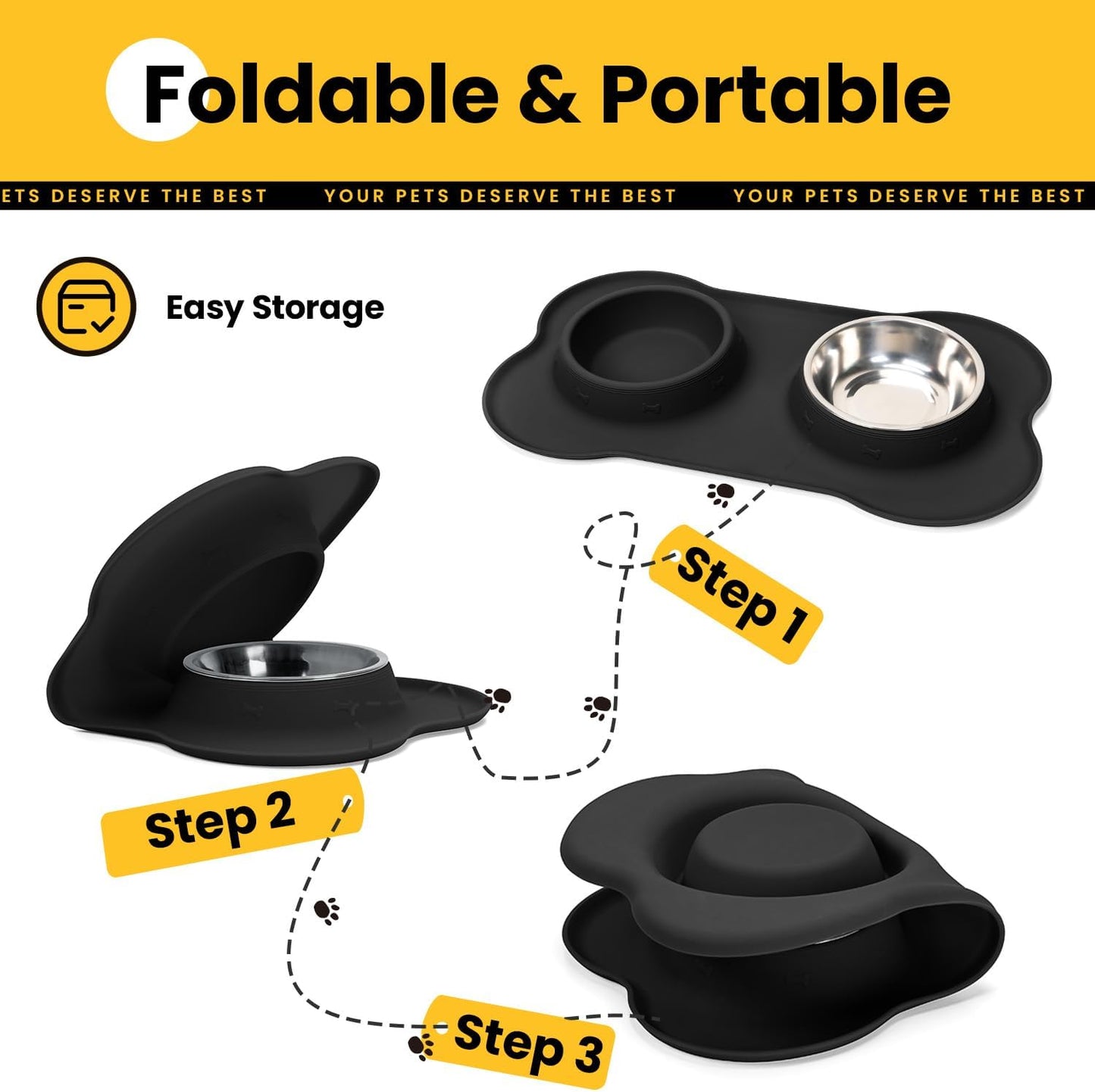 Dog Bowls with Non-Slip Silicone Mat, Spill Proof Large Food & Water Bowls Set, Easy Clean Dog Food Dish, Dishwasher Safe, Suitable for Dogs Cats Pet Under 90lbs, Large, Black