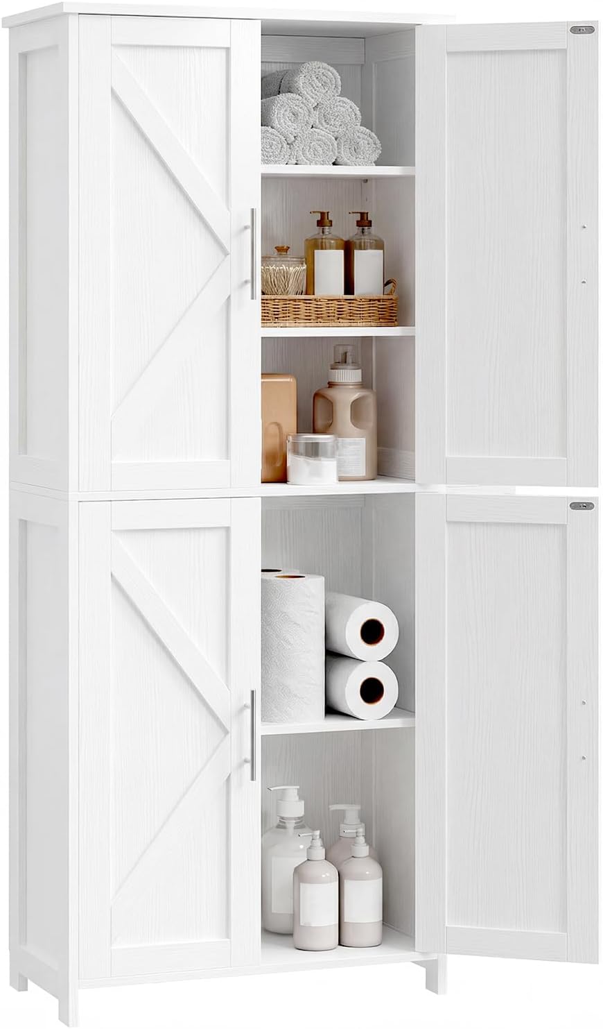 Tall Bathroom Storage Cabinet, 11 x 22.8 x 63 Inches, Floor Cabinet with Barn Doors, Adjustable Shelf, Linen Pantry Cabinet for for Kitchen, Laundry Room, Living Room, Entryway, White