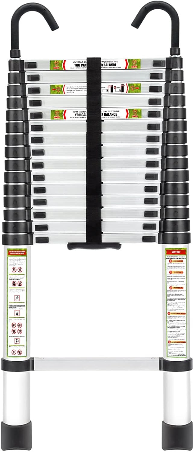 RIKADE Telescopic Ladder, 20.34FT Aluminum Telescoping Ladder with Stable Hook and Non-Slip Feet, Portable Extension Ladder for Household and Outdoor Working, Max Load 330lbs, Aluminum