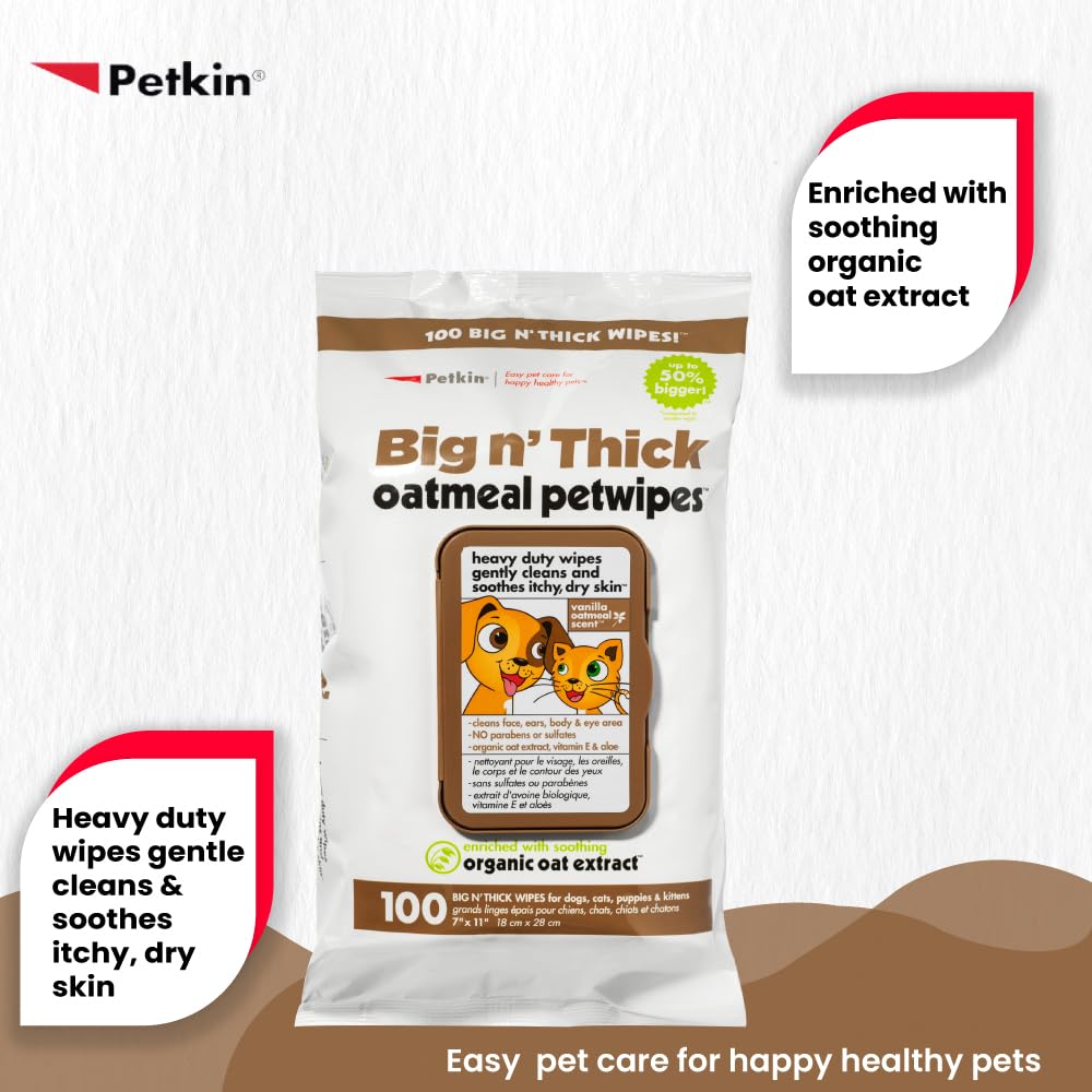 Petkin Pet Wipes for Dogs and Cats, Oatmeal, 100 Wipes (Large) for Dogs and Cats - Soothes Itchy Dry Skin and Cleans Ears, Face, Butt, Body and Eye Area - Idea for Home and Travel
