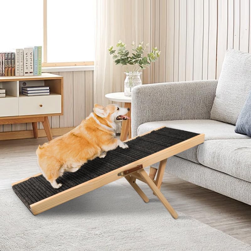 Dog Ramp for Bed, 43.5" Long Wooden Foldable Dog Ramp, 6 Adjustable Heights from 14" to 26" with Anti-Slip Traction Mat, Portable Pet Ramp for Car, Bed, Couch, Max 200lbs - 43.5inch