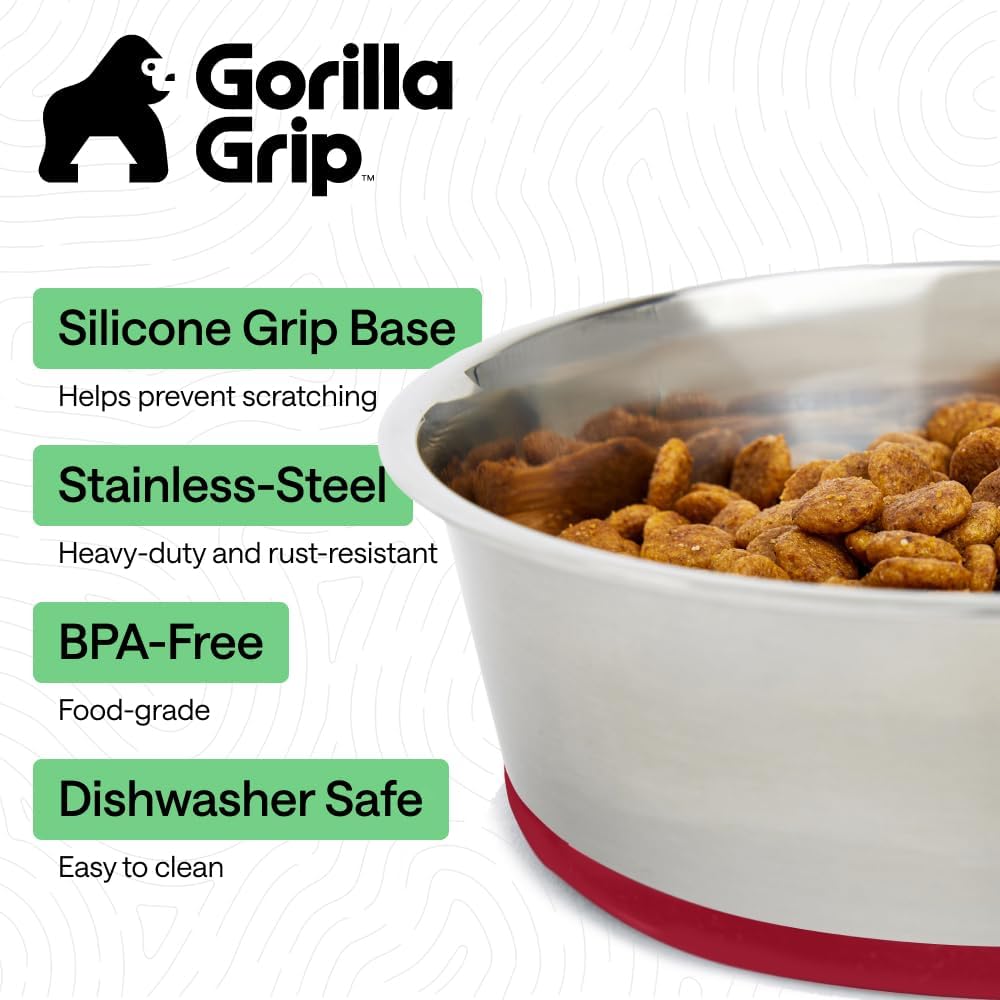 GORILLA GRIP Dog Bowls, Food Grade 304 Stainless Steel, Holds 2 Cups Each (16 fl oz) Food and Water Bowl for Feeding Dogs and Cats, Dishwasher Safe, Rust Resistant, BPA Free Rubber Base Set of 2 Red