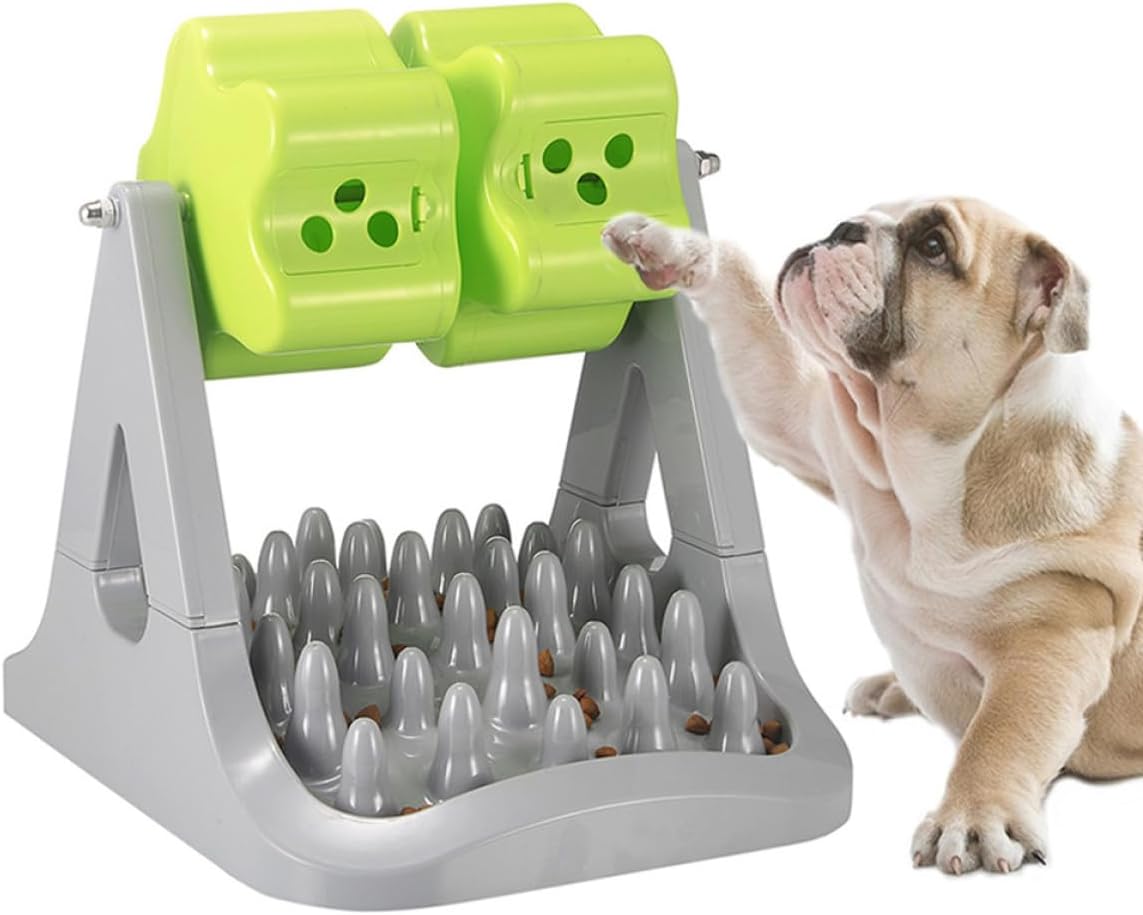 FAVOMOTO Automatic Dog Food Dispenser Slow Feeder Bowl, Anti-Choking Plastic Pet Feeding Tool with Rotating Food Puzzle, Gray and Green for Puppy Training and Interactive Feeding
