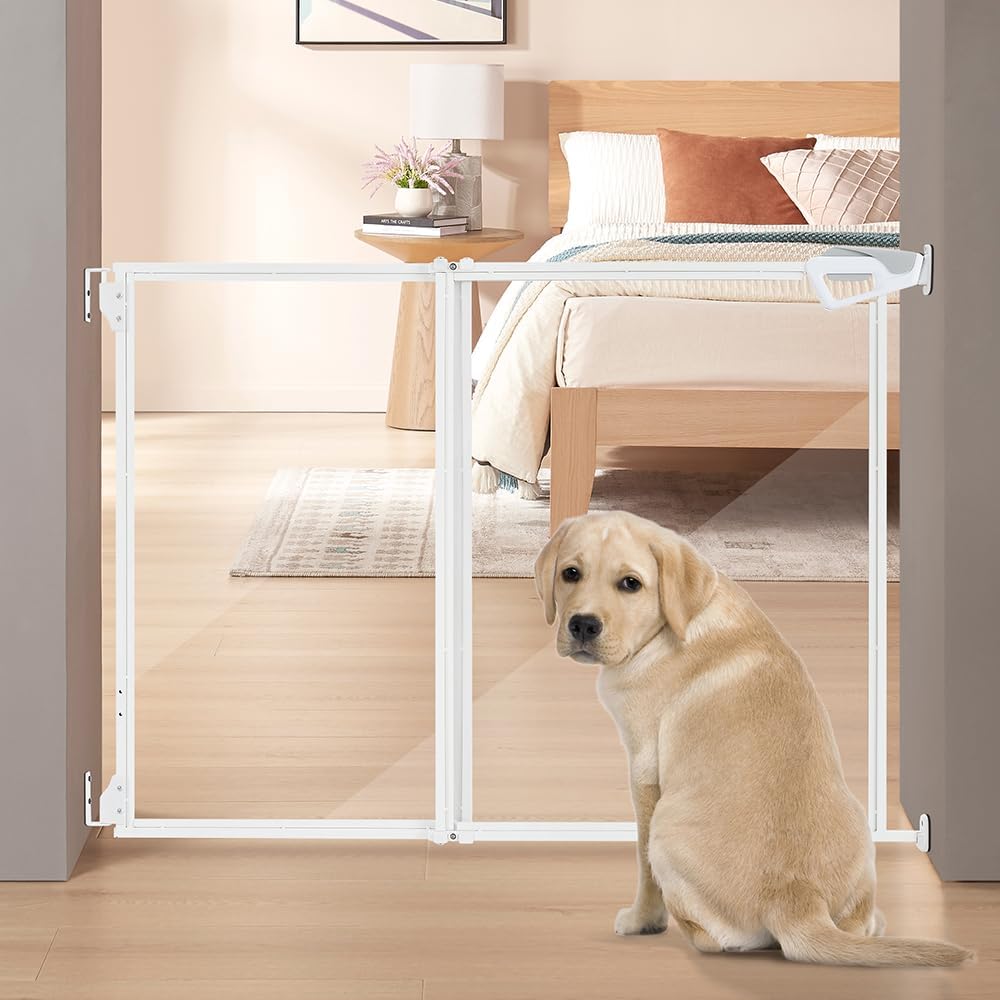 beeNbkks Clear Dog Gate, No Bottom Bar Pet Safety Gate for Doorways Hallways Stairs, Walk Thru Design with One-Hand Dual Swing Door, Indoor and Outdoor Use, Adjustable 28" to 43.5" Wide, 30" Tall