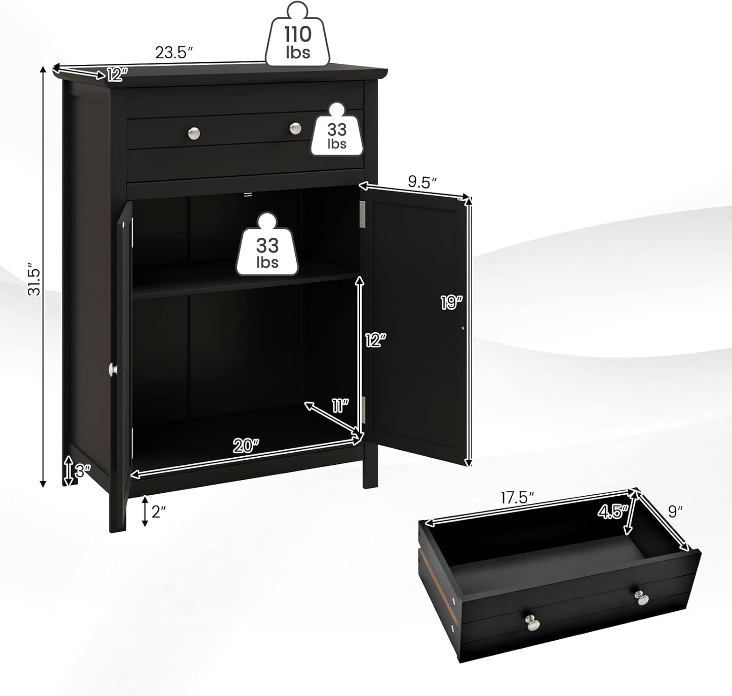 COSTWAY Bathroom Floor Cabinet, Wooden Side Storage Organizer w/Larger Drawer, Adjustable Shelf & 2-Door Cupboard, Freestanding Storage Cabinet for Living Room, Kitchen, Entryway (Black)