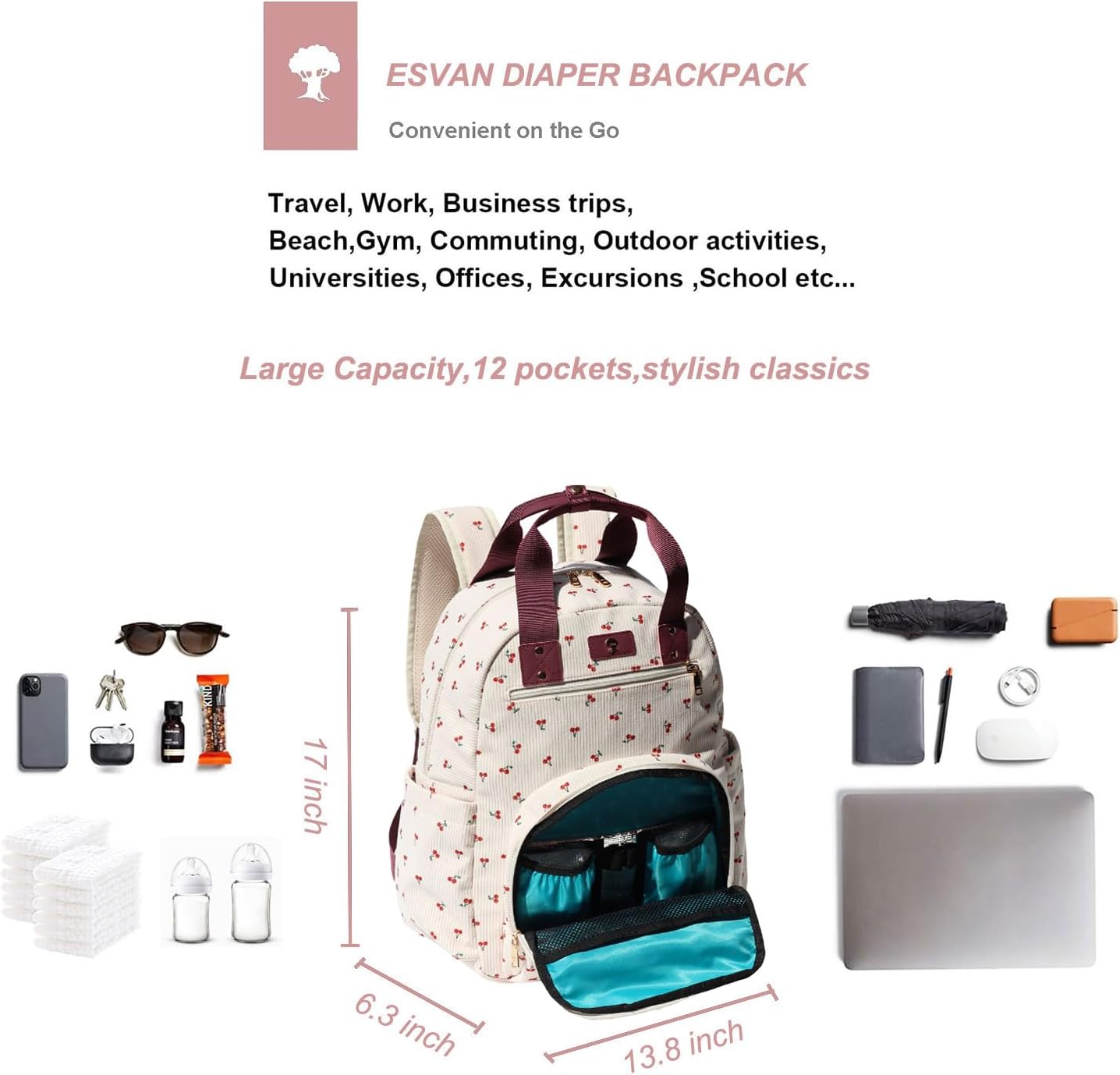 ESVAN Diaper Bag Backpack, Large Capacity Multifunction Baby Essentials Fashion Travel Pack Linen Canvas office Laptop Bag (Corduroy Hawthorn)